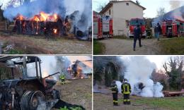 Incendio a Sarnano: quattro autobotti per domare le fiamme da trattore e rotoballe (FOTO)