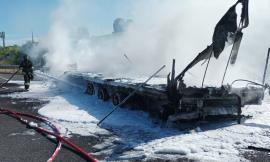 Rimorchio che trasporta tessuti va completamente a fuoco in A14: vigili del fuoco al lavoro (FOTO)