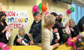 Terza festeggia 100 anni tenendo in braccio i piccolissimi pronipoti: festa grande a Matelica