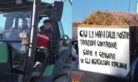 La protesta dei trattori a Civitanova: "No alla farina di grillo, giù le mani dalla nostra agricoltura" (FOTO)