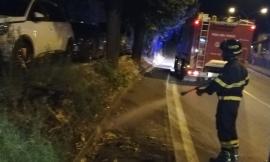 San Severino, paura in viale Bigioli: ceppo d'albero in fiamme vicino al parcheggio pubblico