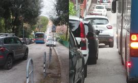 Macerata, auto parcheggiata male blocca un bus in viale Piave: traffico in tilt