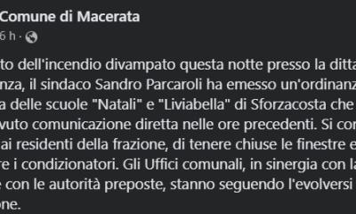 La nota Fb del Comune di Macerata
