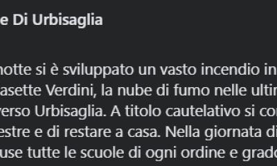 La nota Fb del Comune di Urbisaglia