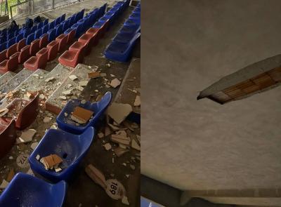 Crollo allo stadio di Civitanova: cadono pezzi di tetto dalla tribuna centrale, sopralluoghi tecnici in corso