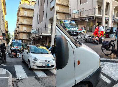 Civitanova, scontro all'incrocio tra un'auto e uno scooter: corriere finisce in ospedale (FOTO)