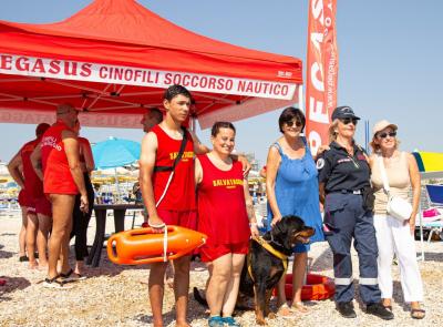 Civitanova, cani bagnini in azione: dimostrazione di salvataggio con Pegasus e Adottami