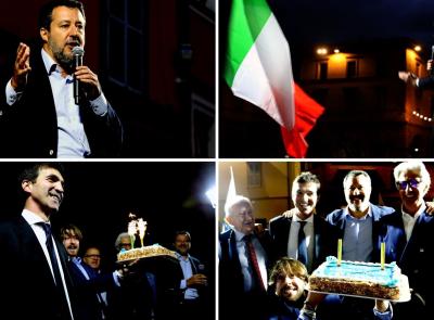 Macerata, Acquaroli spegne le candeline nel comizio con Salvini: "I sondaggi ci danno avanti" (FOTO e VIDEO)