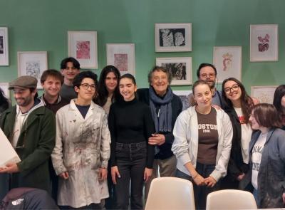 Recanati, Enzo Iacchetti in visita alla Stamperia Venieri del Liceo "Leopardi"