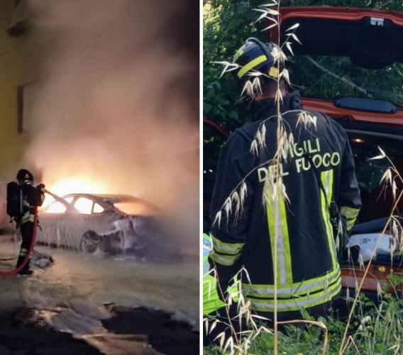 Auto in fiamme a Recanati e incidente a Urbisaglia: doppio intervento in poche ore per i vigili del fuoco