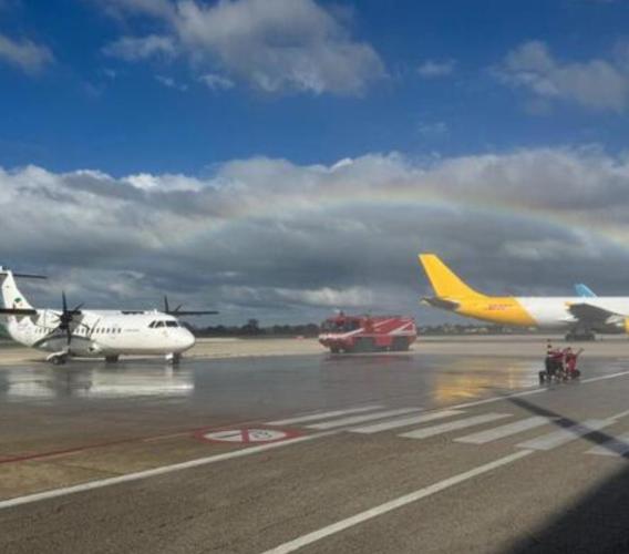 Un arcobaleno inaugura i nuovi voli Dat da Ancona: due collegamenti giornalieri per Roma Fiumicino e Milano Linate
