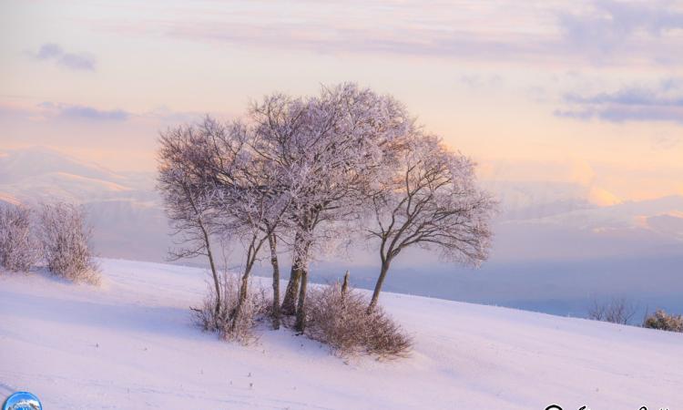 La magia di Canfaito innevato e ghiacciato con i colori del tramonto - FOTO