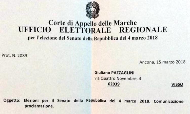 Pazzaglini in partenza per il Senato: "Non perderò il contatto con il territorio"