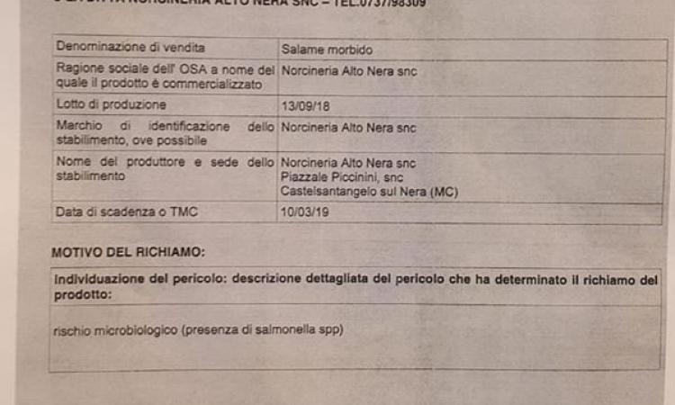 Avviso nei supermercati maceratesi: "Rischio salmonella, richiamo per il salame morbido" Avviso nei supermercati maceratesi: "Rischio salmonella, richiamo per il salame morbido"