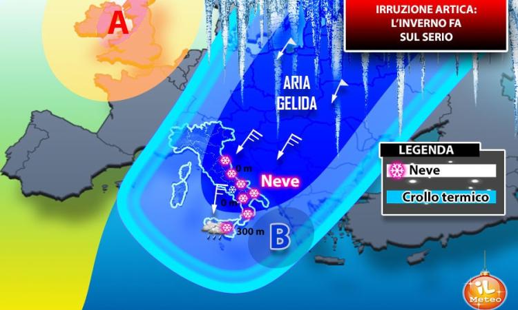 Meteo Marche, sciabolata artica, vento gelido e neve fin su le coste