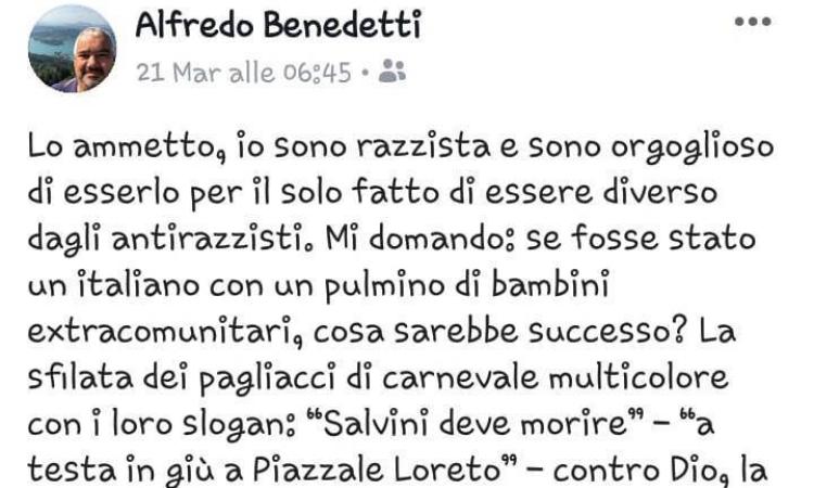 Morrovalle, post shock dell'assessore Benedetti: "Sono razzista e sono orgoglioso di esserlo" Morrovalle, post shock dell'assessore Benedetti: "Sono razzista e sono orgoglioso di esserlo"
