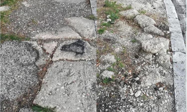 Macerata, marciapiedi disastrati nel quartiere Pace: la protesta di un residente (Foto)