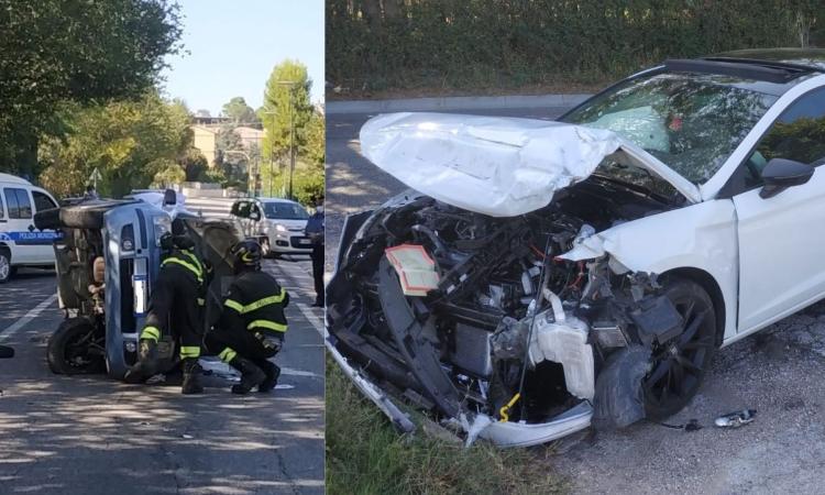 Morrovalle, violento scontro tra due auto, una si ribalta: 70enne in gravi condizioni a Torrette (FOTO)