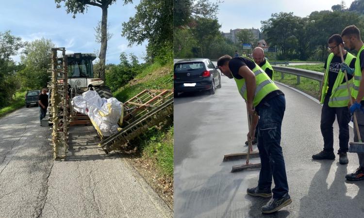 Treia, olio sull'asfalto: motociclista viene sbalzato a terra. Trasportato al pronto soccorso