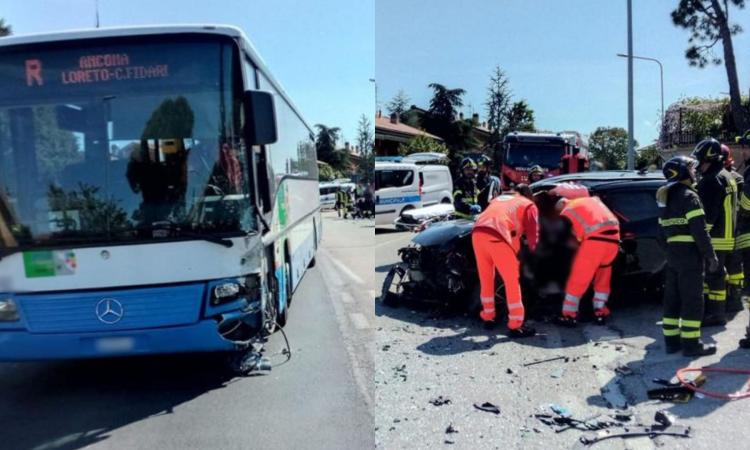 Recanati, scontro tra auto e pullman: una donna a Torrette, illesa la figlia di sei anni