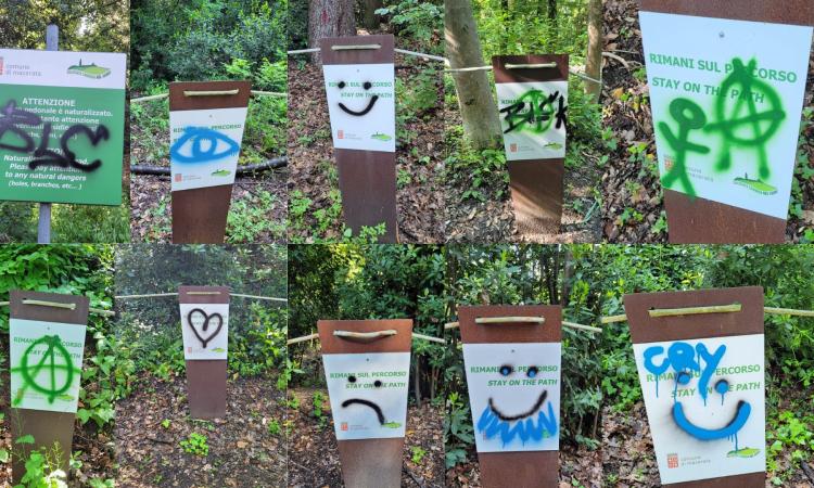 Macerata, cartelli e panchine imbrattate con lo spray: vandali in azione al parco di Villa Lauri Macerata, cartelli e panchine imbrattate con lo spray: vandali in azione al parco di Villa Lauri