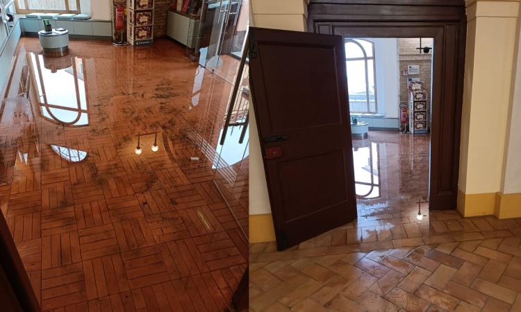 Maltempo, sabato da allerta gialla: acqua sulla provinciale 78, allagata anche la biglietteria dello Sferisterio
