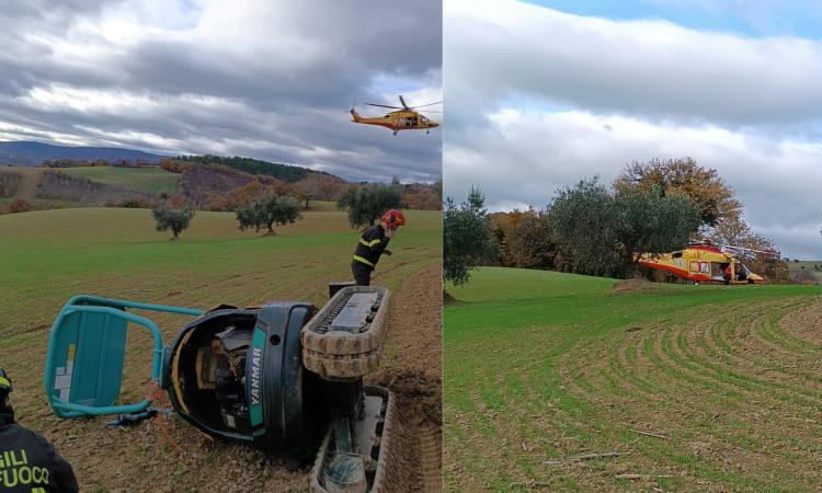 San Severino, il bobcat si ribalta: uomo trasferito d'urgenza a Torrette (FOTO)