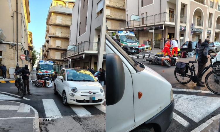 Civitanova, scontro all'incrocio tra un'auto e uno scooter: corriere finisce in ospedale (FOTO)