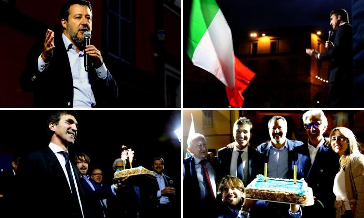 Macerata, Acquaroli spegne le candeline nel comizio con Salvini: "I sondaggi ci danno avanti" (FOTO e VIDEO)