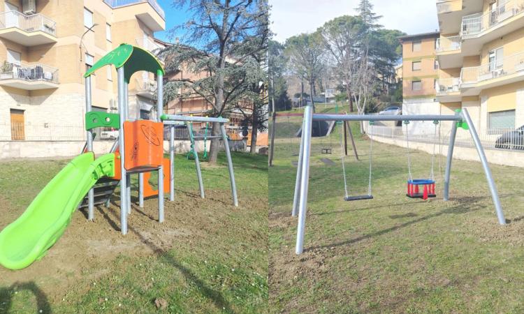 Tolentino, nuovi scivoli e altalene nei giardini di piazza Peramezza: il cuore del Quartiere Buozzi torna a splendere