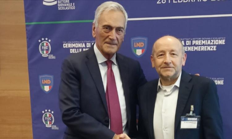 Cento anni di Settempeda: il presidente Crescenzi premiato in FIGC da Gravina